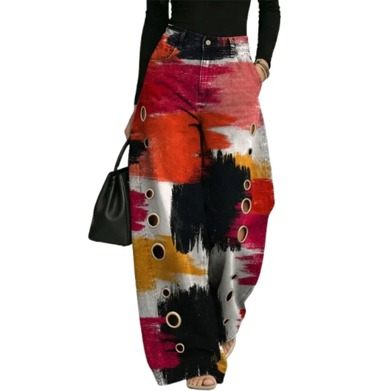 Rhiannon | Women's Abstract Print Wide Leg High Waist Trousers