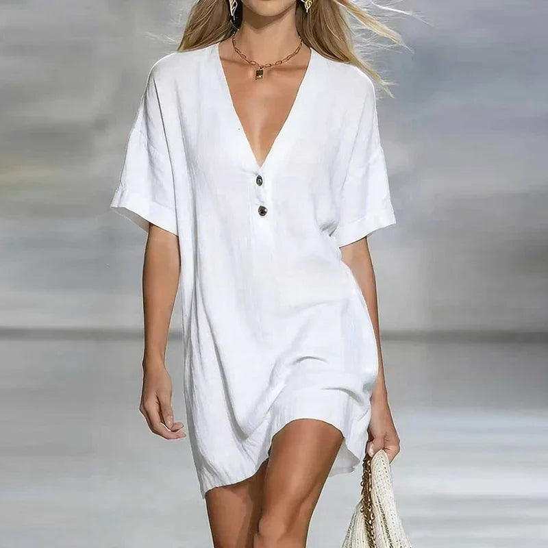 Liora | Short Sleeve V Neck Linen Blend Tunic Top