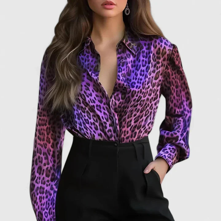 Lyzziane | Leopard Print Long Sleeve Lapel Collar Elegant Blouse