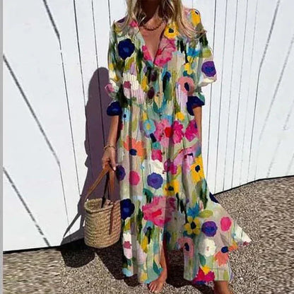 Catherine | Long Sleeve Floral Button Front Tiered Boho Maxi Summer Dress