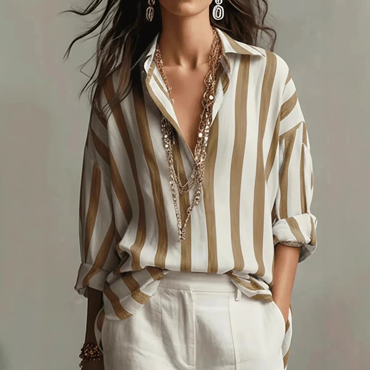 Amaris | Oversized Striped Lapel Collar Long Sleeve Linen Blend Blouse