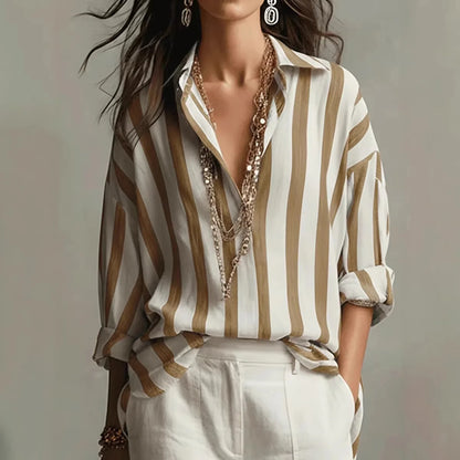 Amaris | Oversized Striped Lapel Collar Long Sleeve Linen Blend Blouse