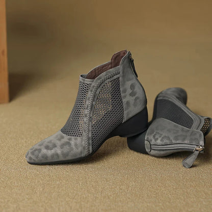 Corentine | Women's Leopard Print Mesh Panel Block Heel Ankle Boot