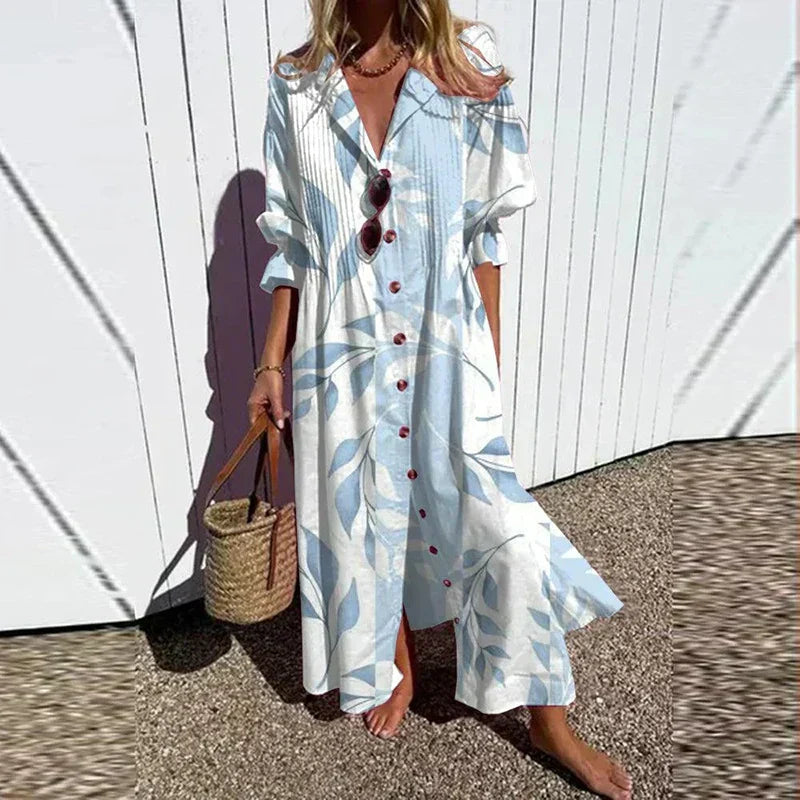 Catherine | Long Sleeve Floral Button Front Tiered Boho Maxi Summer Dress