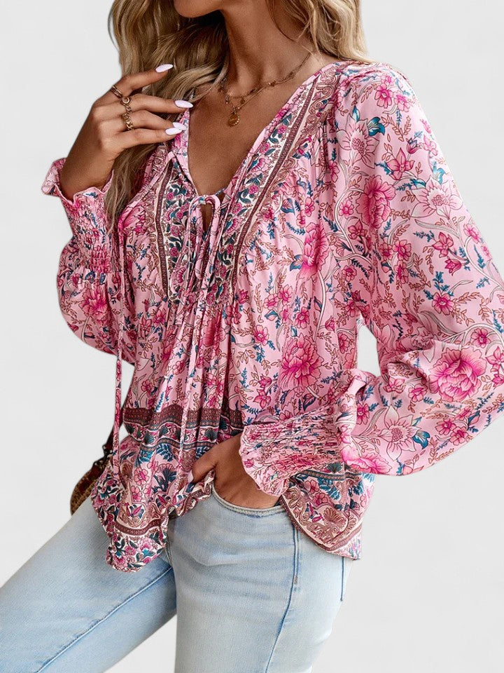 Wren | Floral Boho Print Smocked Tie Neck Puff Sleeve Blouse