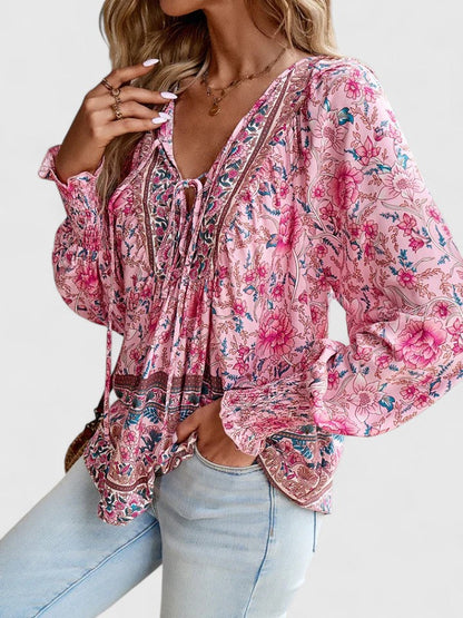 Wren | Floral Boho Print Smocked Tie Neck Puff Sleeve Blouse