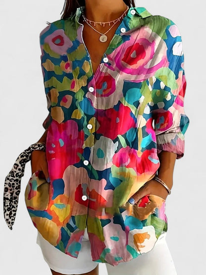 Anica | Long Sleeve Floral Print Collared Button Down Relaxed Blouse