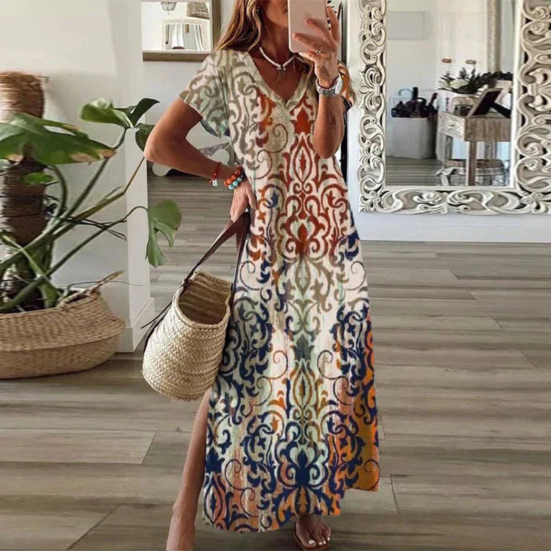 Beatrice | V Neck Short Sleeve Boho Side Slit Flowing Maxi Dress