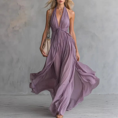 Seraphina | Women's Halter Plunge Flowy Chiffon Maxi Dress