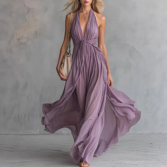 Seraphina | Women's Halter Plunge Flowy Chiffon Maxi Dress