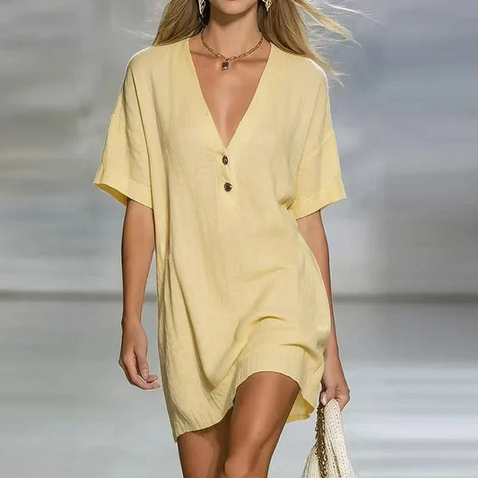 Liora | Short Sleeve V Neck Linen Blend Tunic Top