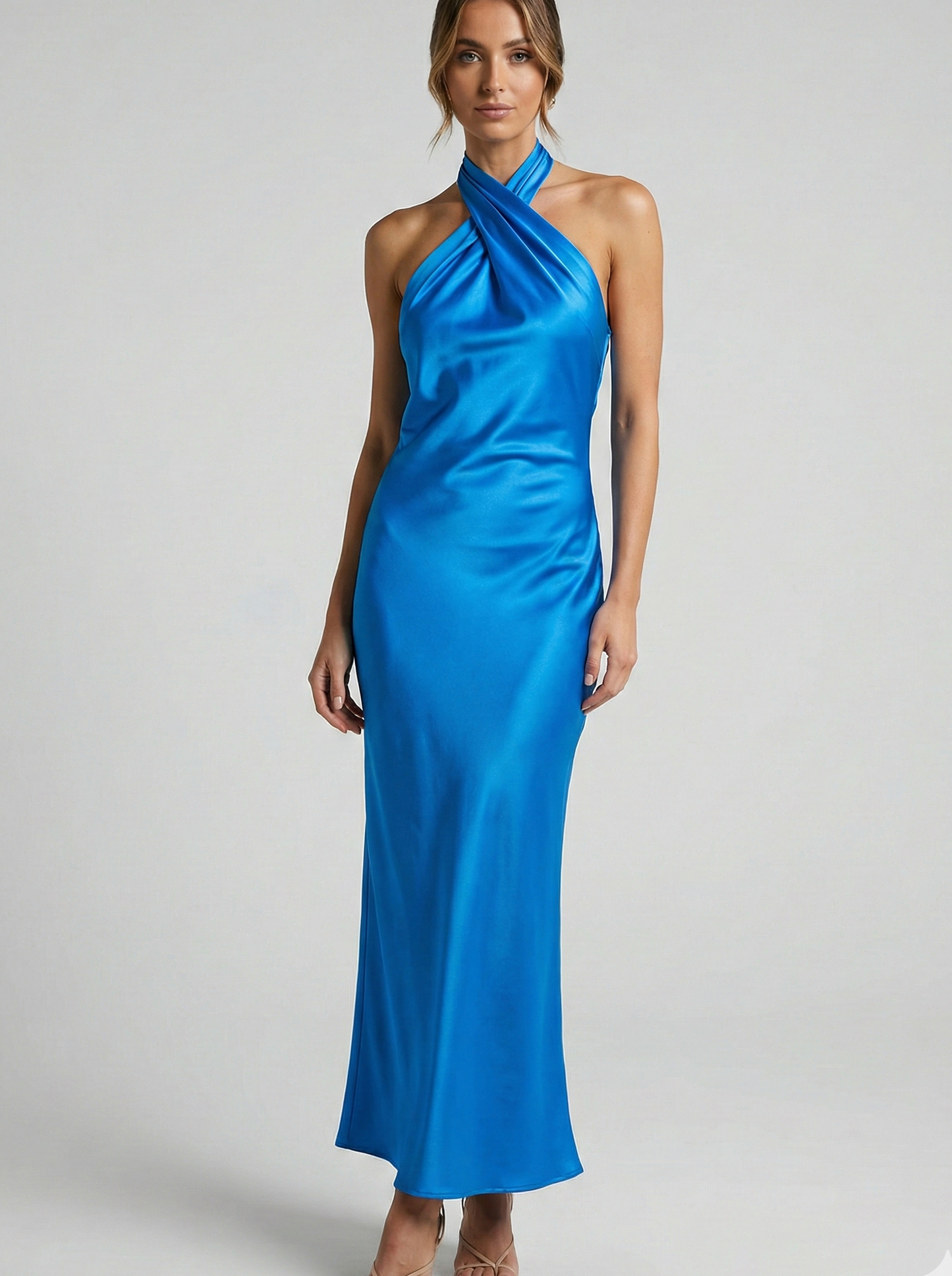 Azura | Twisted Halter Neck Sleeveless Bodycon Satin Elegant Maxi Dress