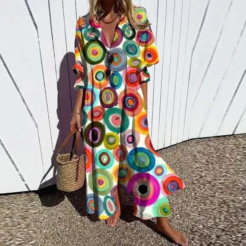 Catherine | Long Sleeve Floral Button Front Tiered Boho Maxi Summer Dress