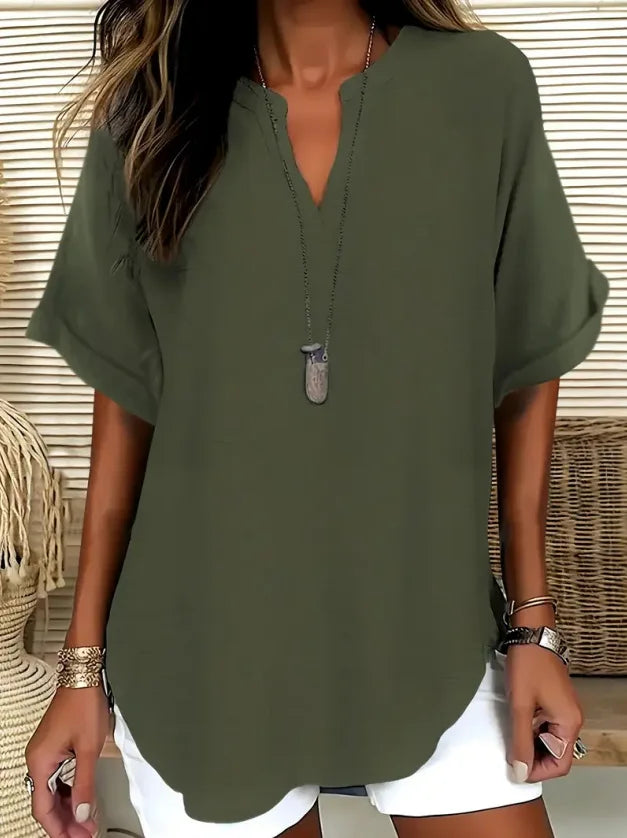 Cynthia | Women's Relaxed V-Neck Short Sleeve Summer Tunic Blouse