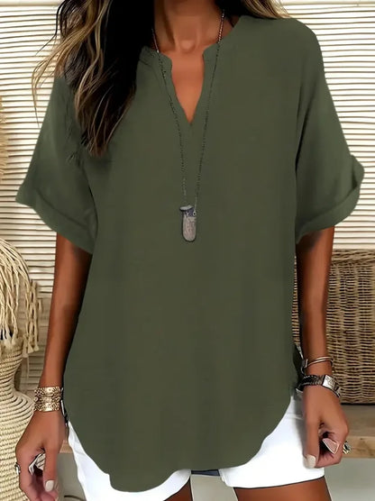 Cynthia | Women's Relaxed V-Neck Short Sleeve Summer Tunic Blouse
