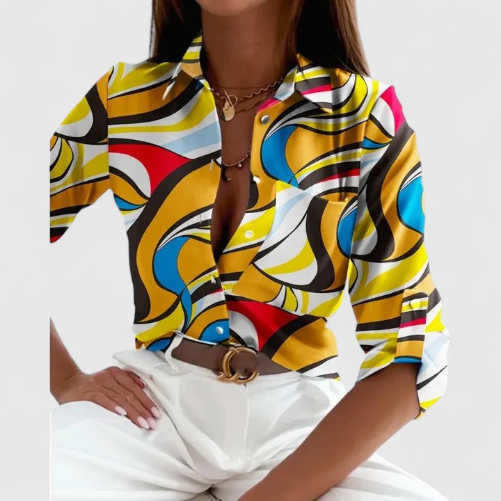 Lisette | Long Sleeve Geometric Print Lapel Collar Elegant Blouse