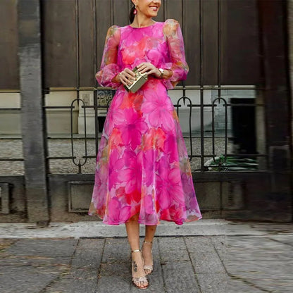Blair | Floral Print Long Sleeve Flowing Midi Wedding Guest Dress