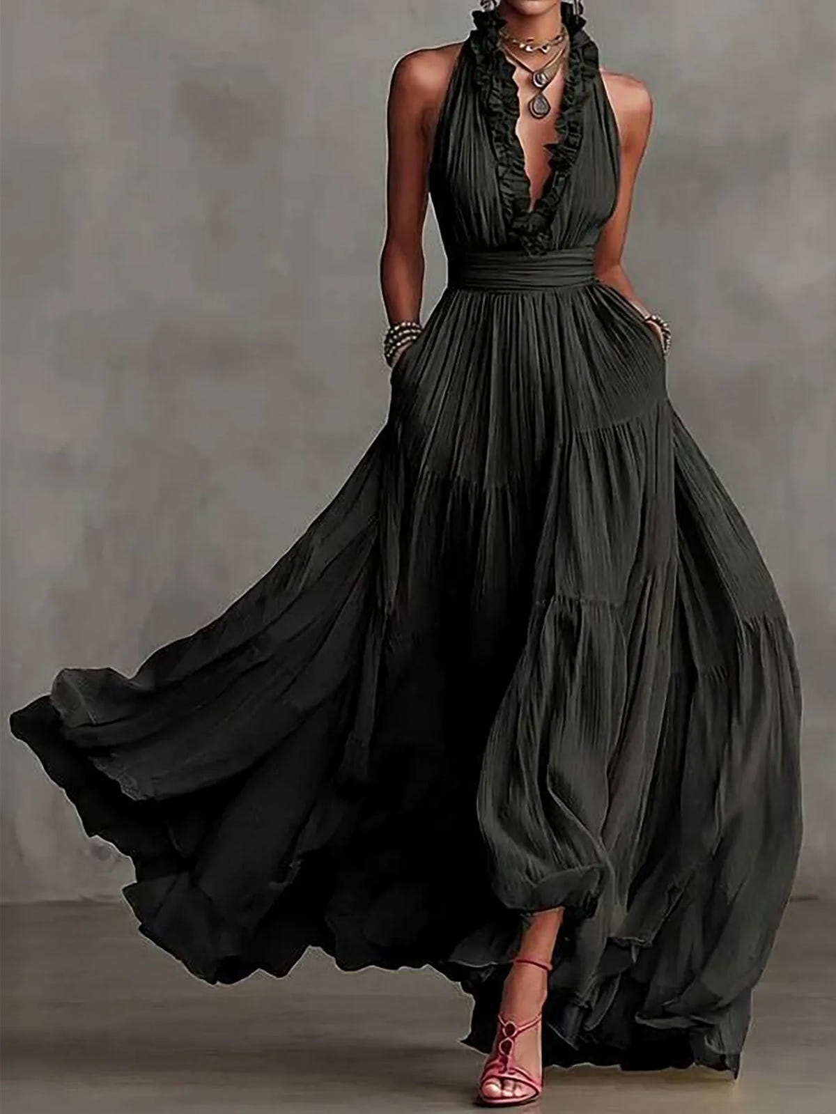 Serena | Women's Halter Neck Ruffle Trim Plunge Maxi Dress