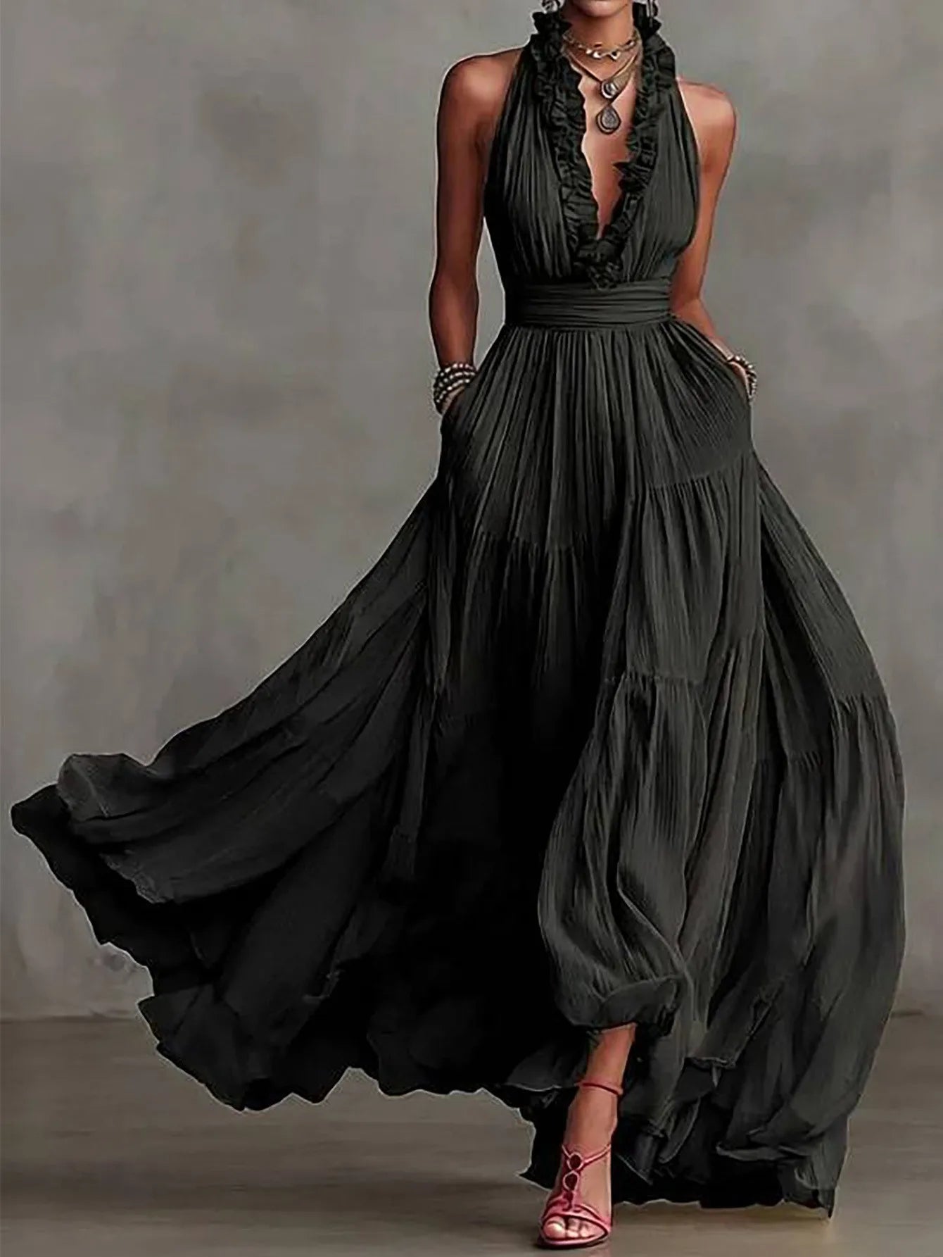 Serena | Women's Halter Neck Ruffle Trim Plunge Maxi Dress