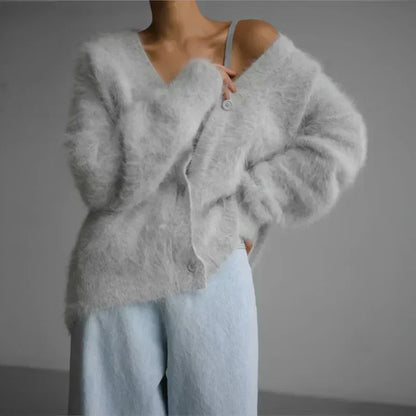 Marlowe | Women's Fuzzy Knit V-Neck Button-Front Cardigan