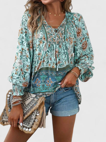 Wren | Floral Boho Print Smocked Tie Neck Puff Sleeve Blouse
