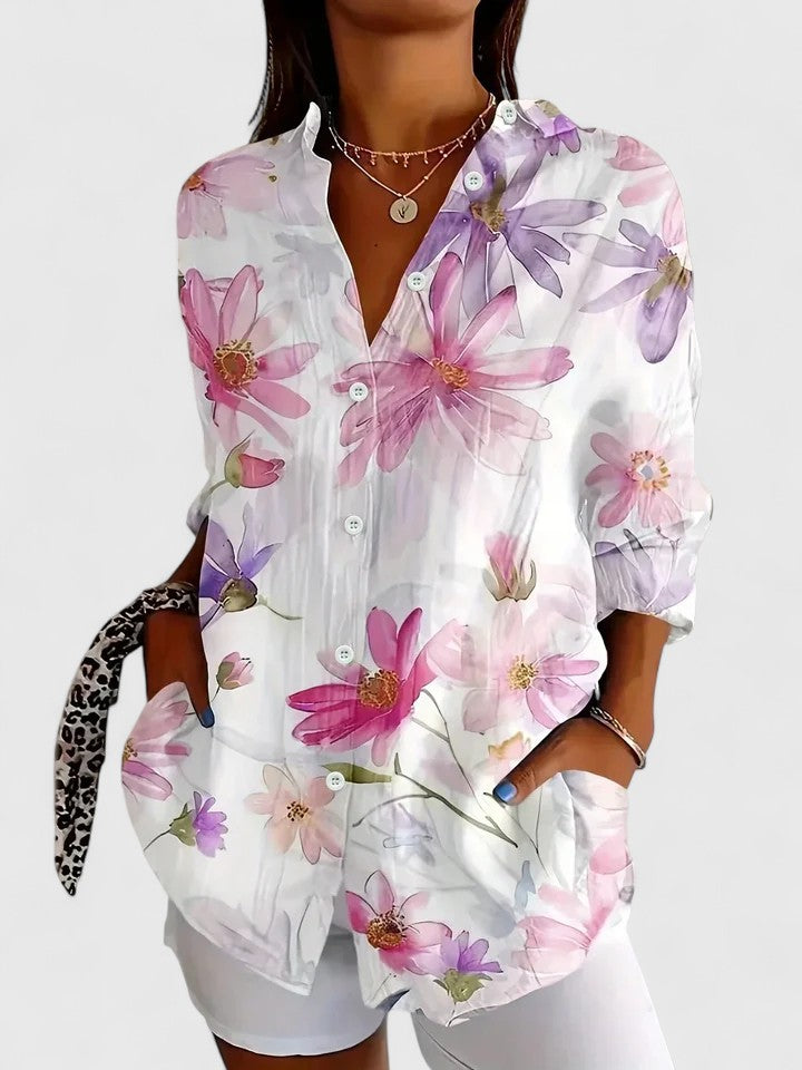 Anica | Long Sleeve Floral Print Collared Button Down Relaxed Blouse