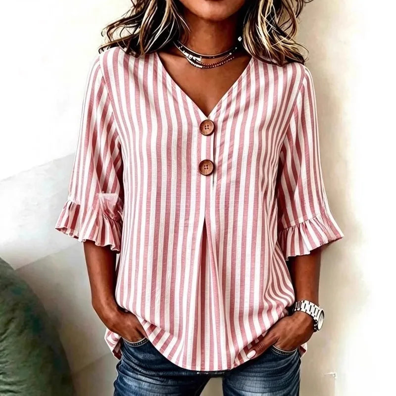 Hazel | Women's Striped Blouses V Neck Ruffle Sleeve Button Front