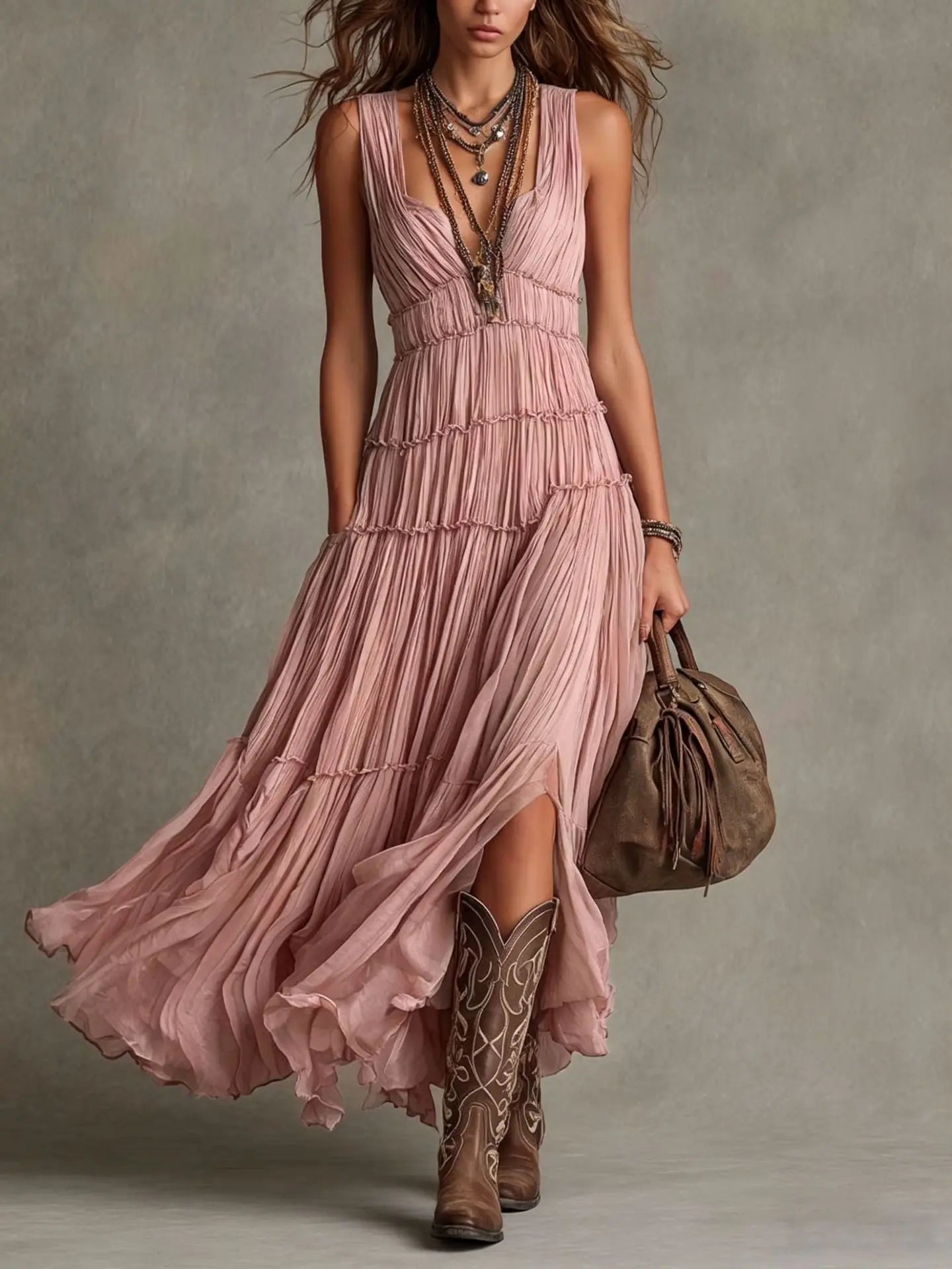 Delphina | Women's Tiered Boho Flowy Maxi Dress