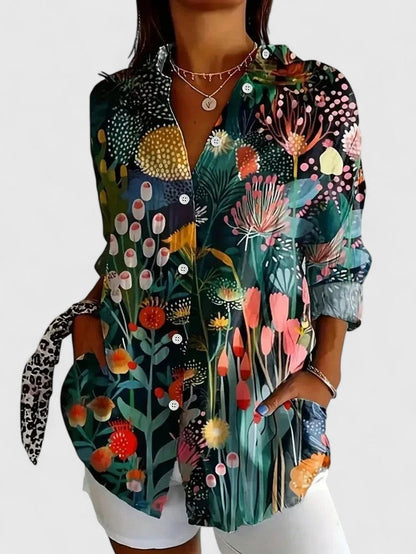 Anica | Long Sleeve Floral Print Collared Button Down Relaxed Blouse