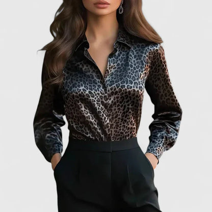 Lyzziane | Leopard Print Long Sleeve Lapel Collar Elegant Blouse