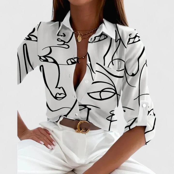 Lisette | Long Sleeve Geometric Print Lapel Collar Elegant Blouse