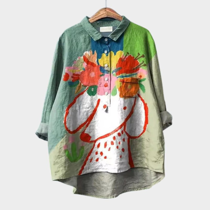 Milla | Long Sleeve Dog Print Collared Button Down Relaxed Blouse