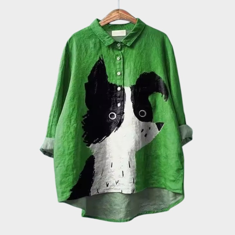 Milla | Long Sleeve Dog Print Collared Button Down Relaxed Blouse