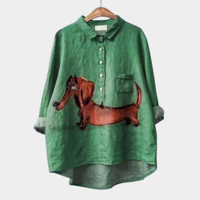 Milla | Long Sleeve Dog Print Collared Button Down Relaxed Blouse