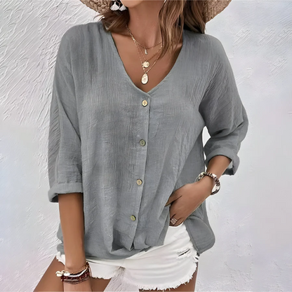 Marcia | 3/4 Sleeve V Neck Button Down Relaxed Casual Blouse