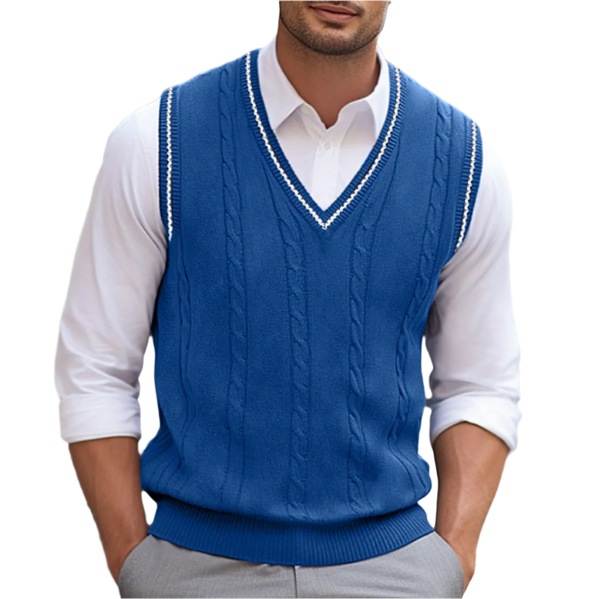 Bernard | Men's Cable Knit V-Neck Contrast Trim Sweater Vest