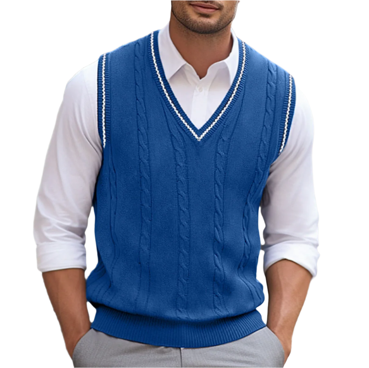 Bernard | Men's Cable Knit V-Neck Contrast Trim Sweater Vest