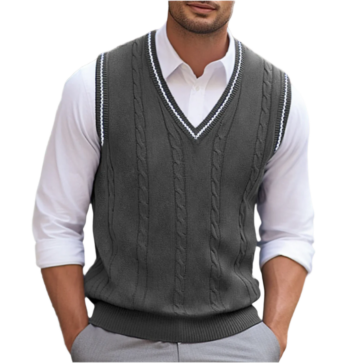 Bernard | Men's Cable Knit V-Neck Contrast Trim Sweater Vest