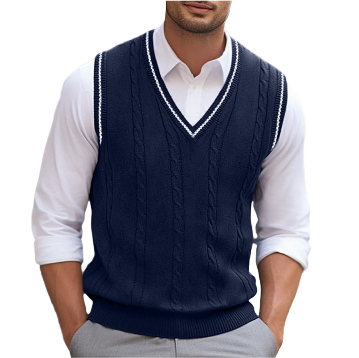 Bernard | Men's Cable Knit V-Neck Contrast Trim Sweater Vest