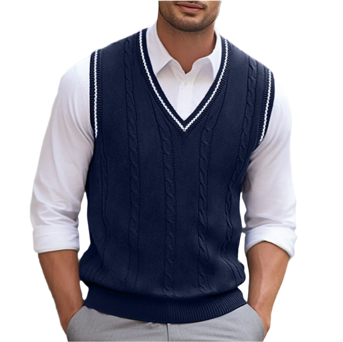 Bernard | Men's Cable Knit V-Neck Contrast Trim Sweater Vest