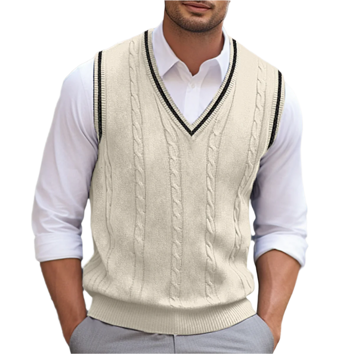 Bernard | Men's Cable Knit V-Neck Contrast Trim Sweater Vest