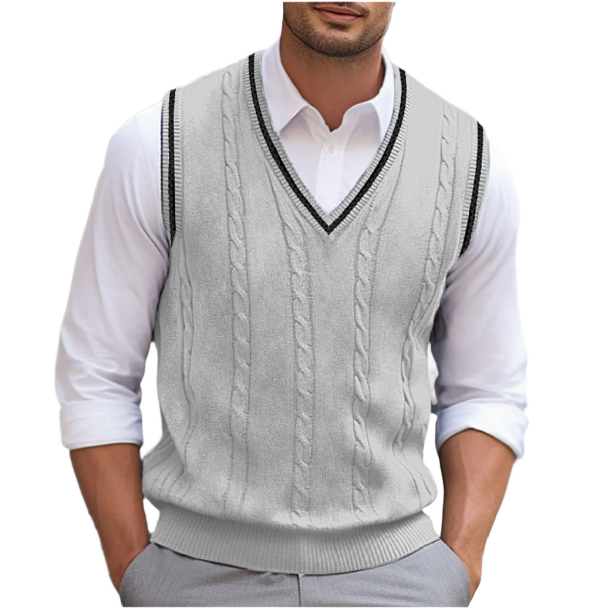 Bernard | Men's Cable Knit V-Neck Contrast Trim Sweater Vest
