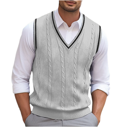 Bernard | Men's Cable Knit V-Neck Contrast Trim Sweater Vest