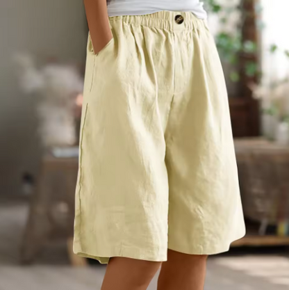 Lorraine | Elastic Waist Wide Leg Linen Blend Casual Shorts