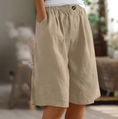 Lorraine | Elastic Waist Wide Leg Linen Blend Casual Shorts