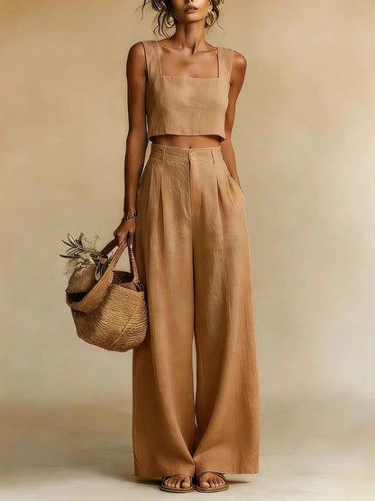 Peach | Women's Square Neck Crop Top High Waist Wide Leg Pant Set