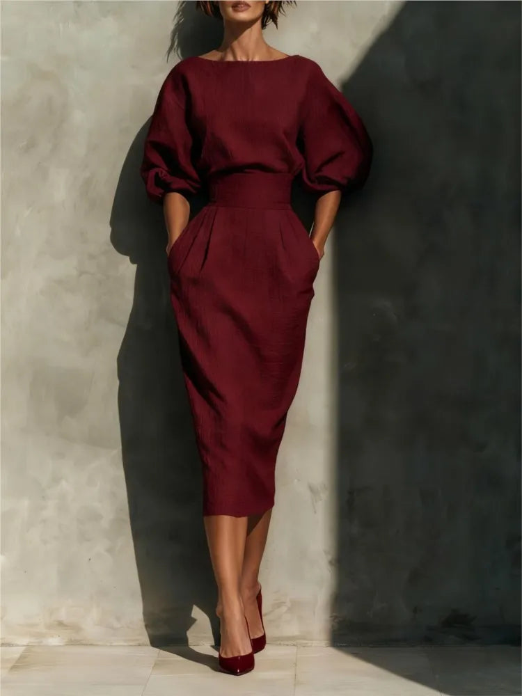 Bailey | Women's Elegant Pleated Lantern Sleeve Linen Blend Midi Dress