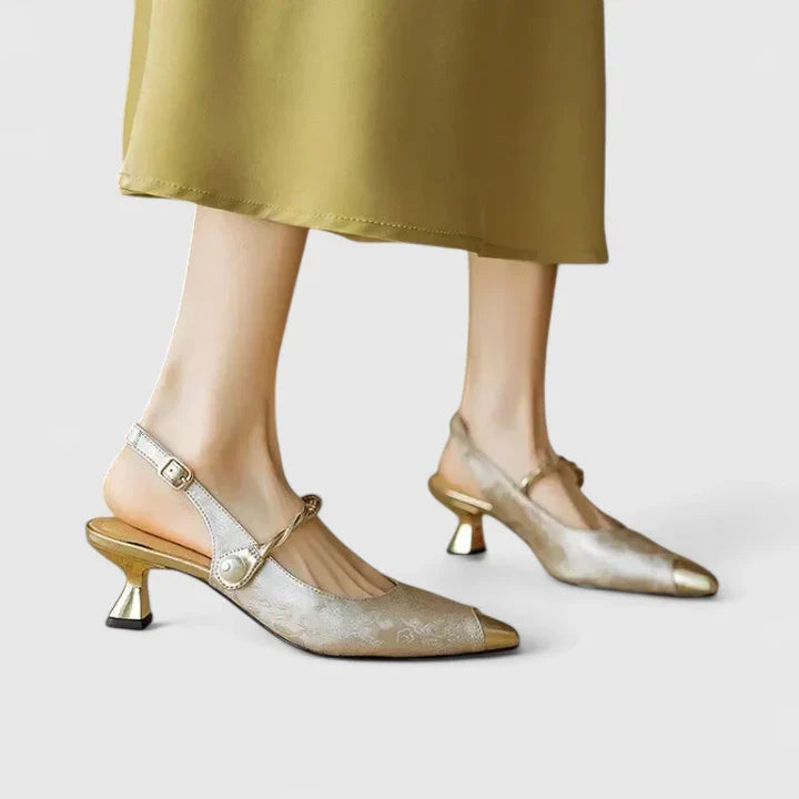 Vionora | Women's Pearl Strap Slingback Jacquard Kitten Heel