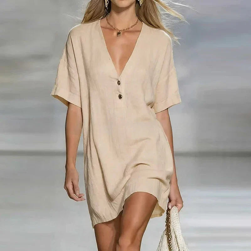 Liora | Short Sleeve V Neck Linen Blend Tunic Top