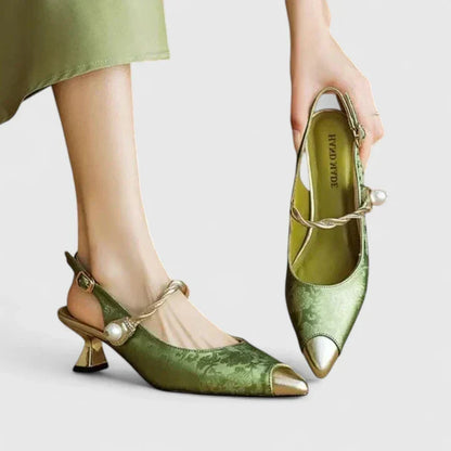 Vionora | Women's Pearl Strap Slingback Jacquard Kitten Heel
